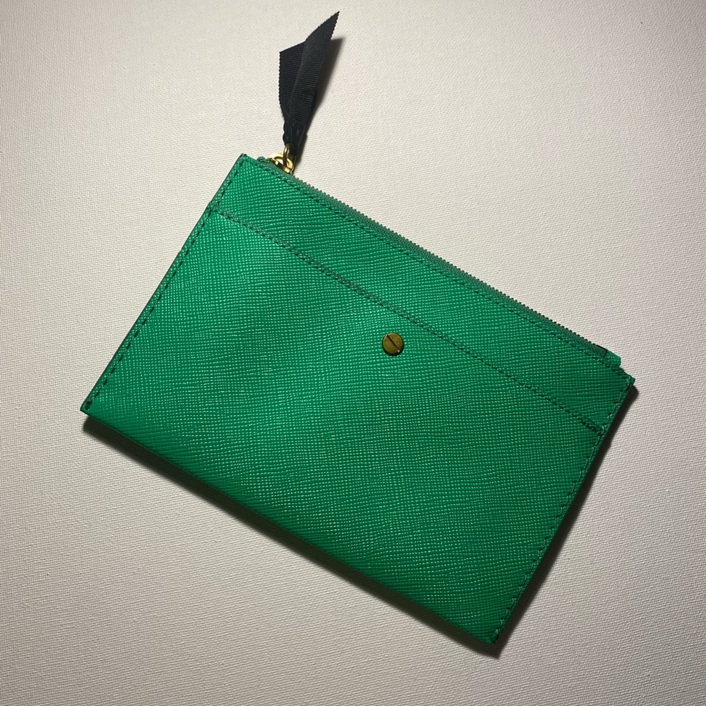New J. Crew green leather pouch with tag